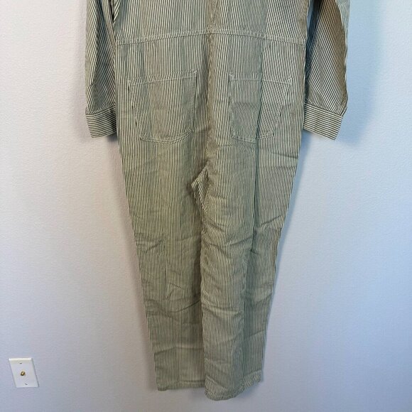 Outerknown Women’s Station Jumpsuit Long Sleeve Pockets Pinstripe Green Cream S - Picture 6 of 15